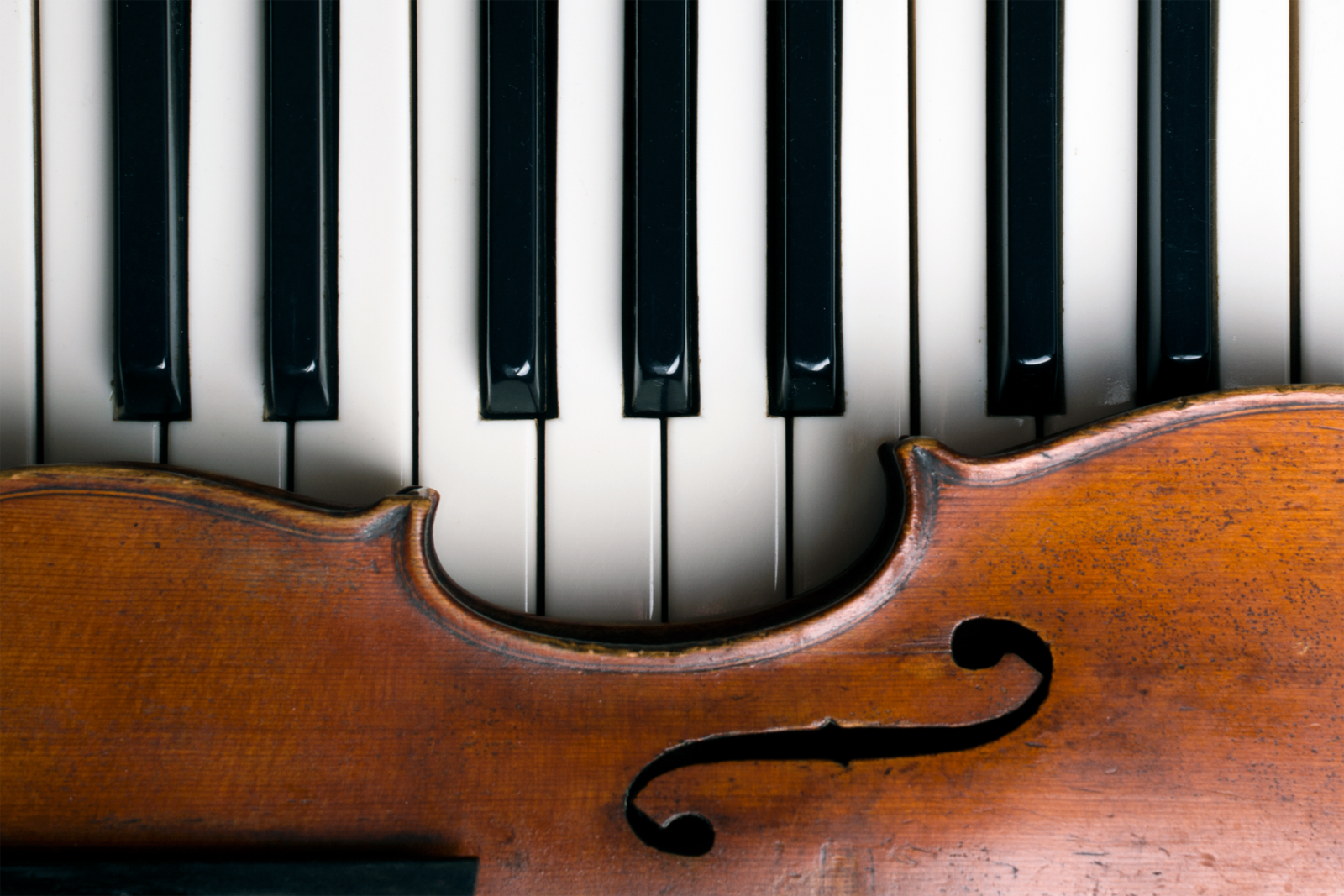 Piano keys meeting a violin's body - eighty-eight keys, four strings